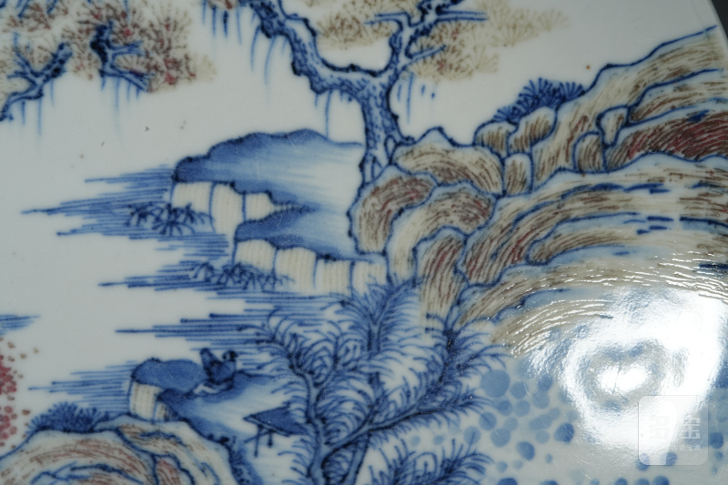 清 青花釉里红山水瓷板 - 图3